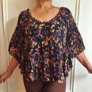 Free People Black Comb Gauze Peasant Blouse